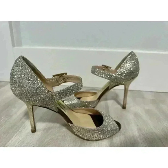 Jimmy Choo Gold Coarse Glitter Peep Toe Ankle Strap Sandals Size 35 1/2 - Picture 16 of 16